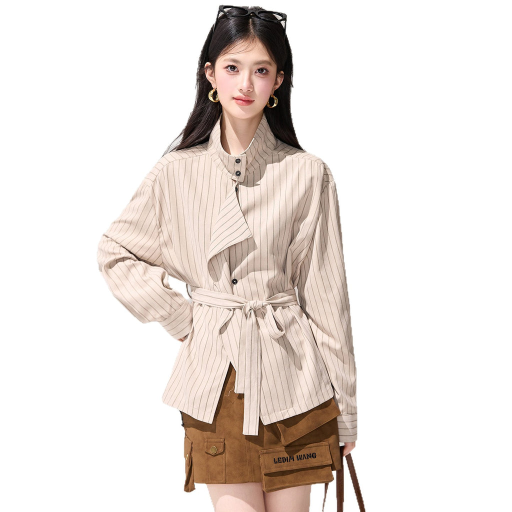 Light Brown Tie-Front Striped Shirt