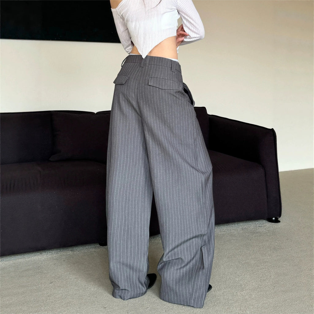 Grey Striped Wide-Leg Trousers