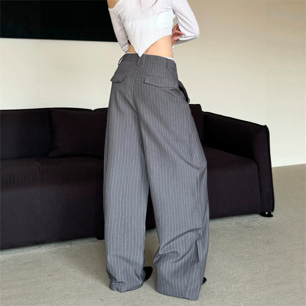 Grey Striped Wide-Leg Trousers