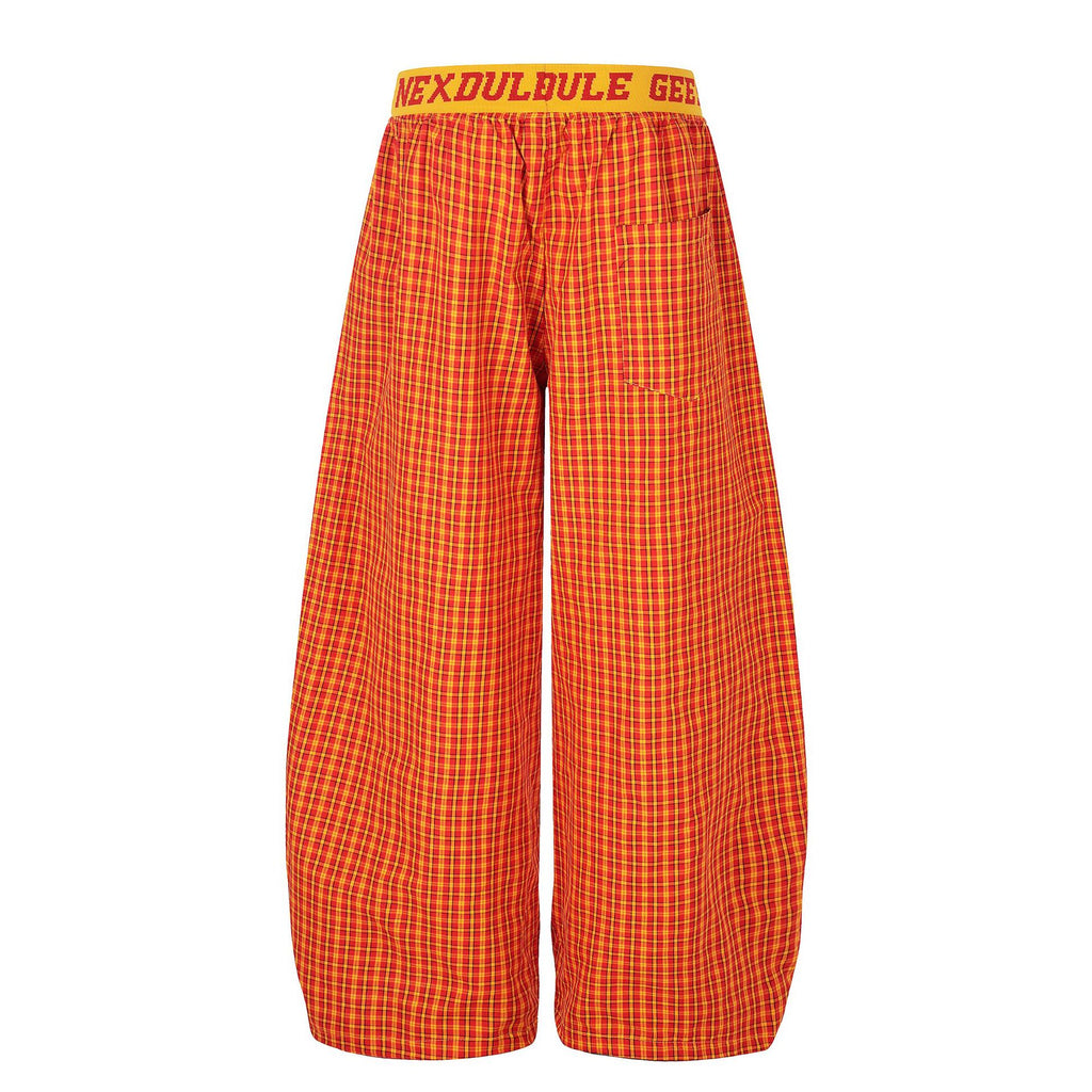 Orange Plaid Patchwork Wide-Leg Trousers