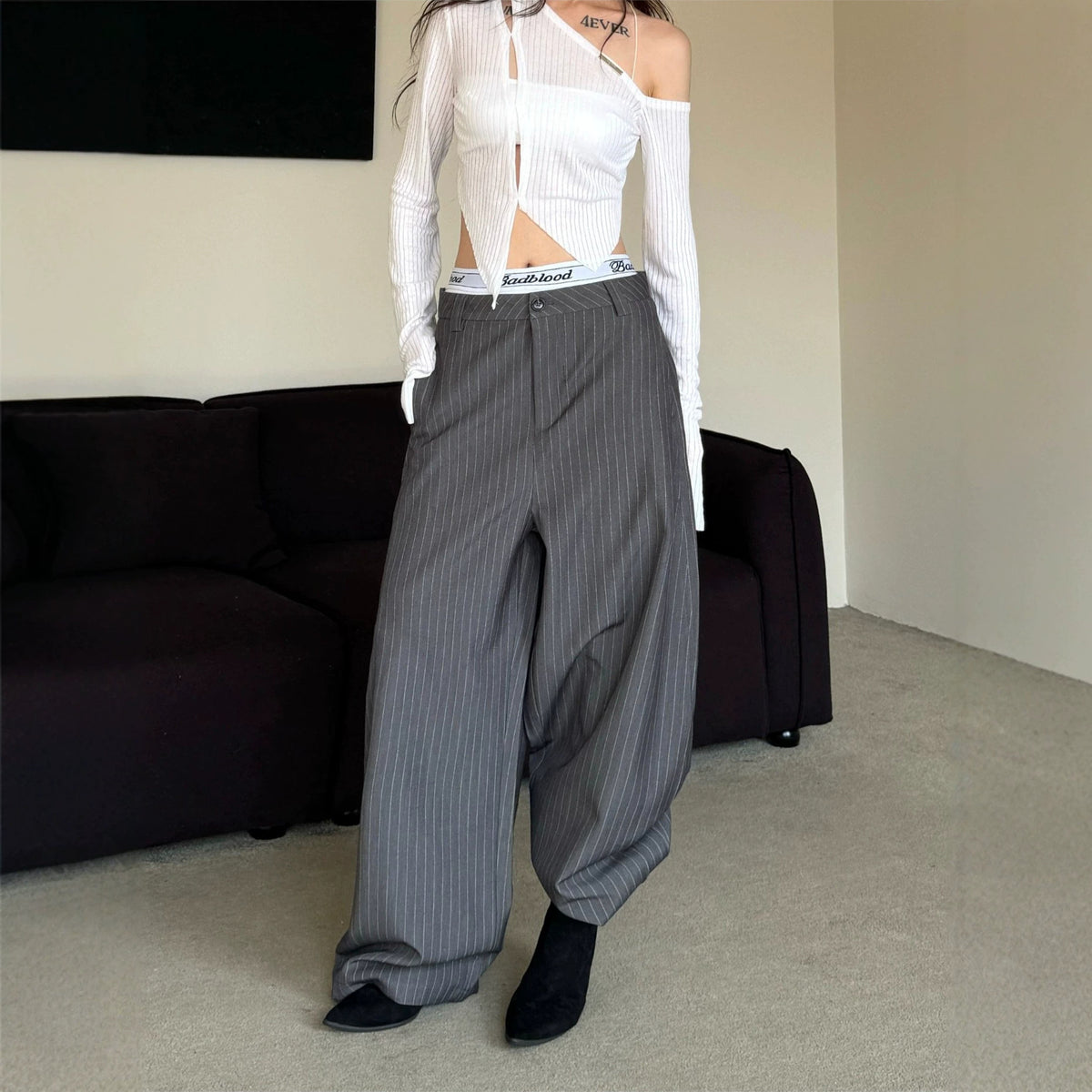 Grey Striped Wide-Leg Trousers