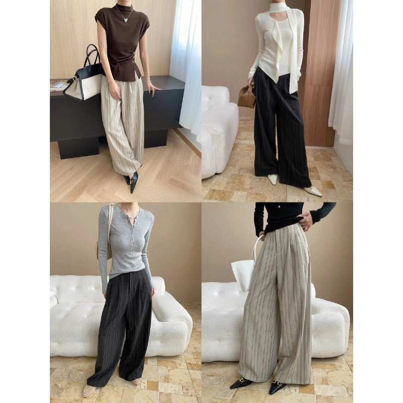 Linen Blend Vertical Stripe Wide Leg High Waist Trousers