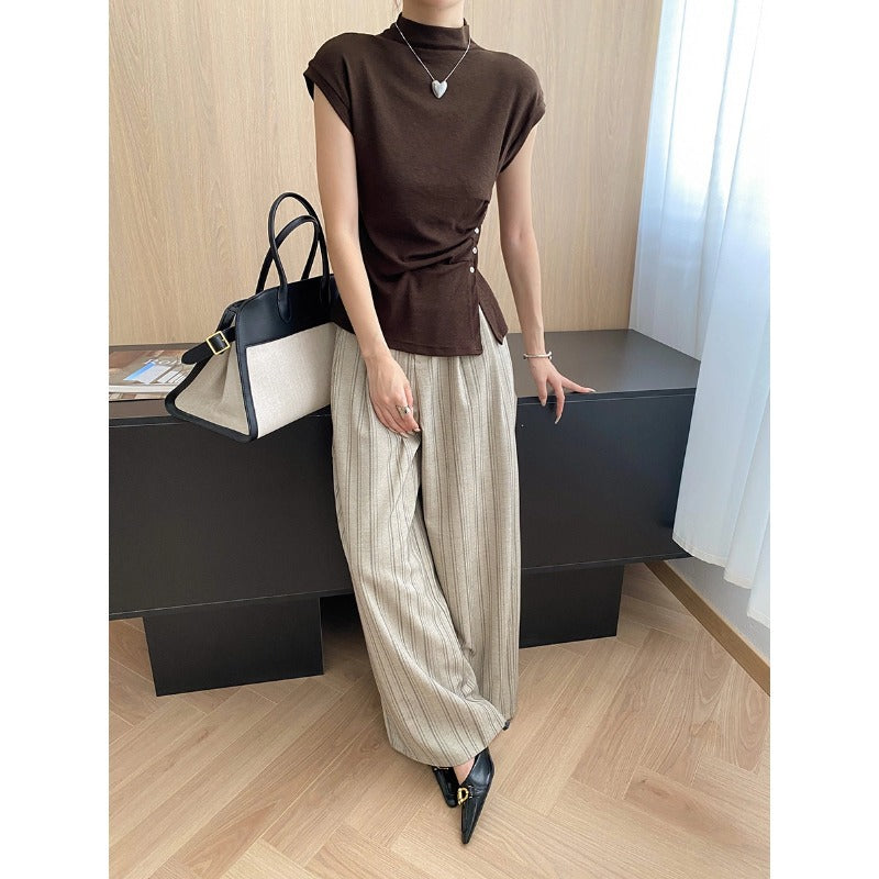 Linen Blend Vertical Stripe Wide Leg High Waist Trousers