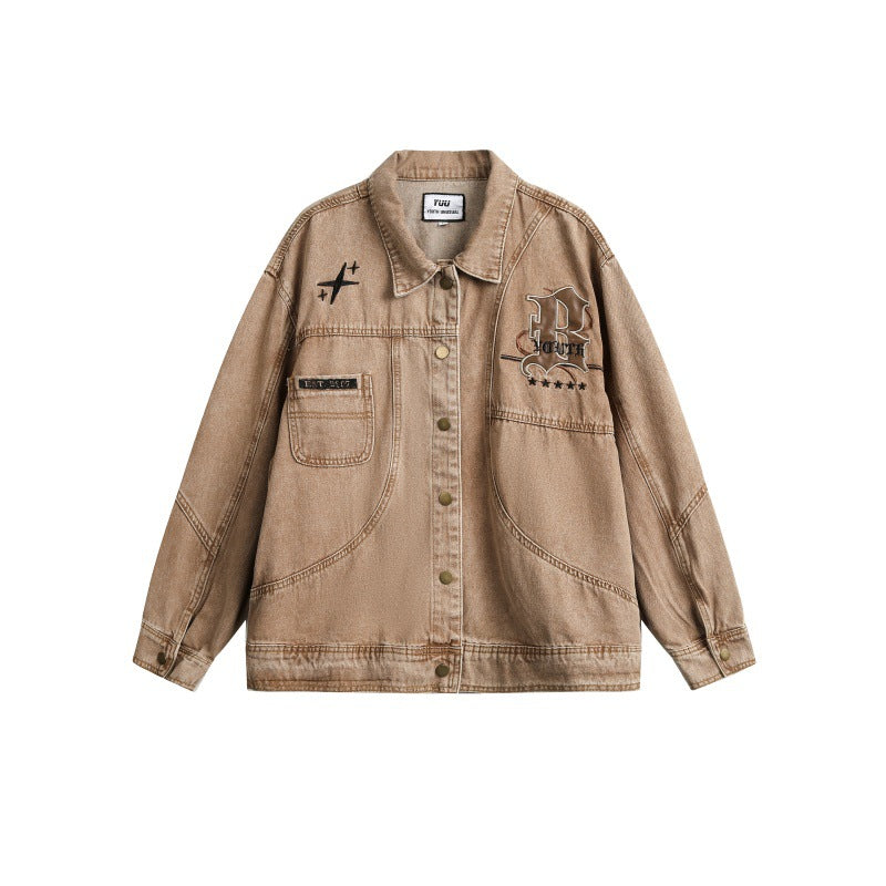 Washed Denim Jacket with Embroidery Turn-Down Collar Casual Streetwear Jacket