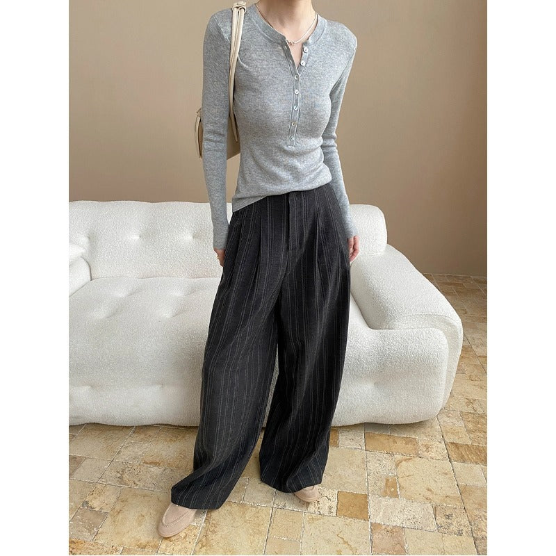 Linen Blend Vertical Stripe Wide Leg High Waist Trousers