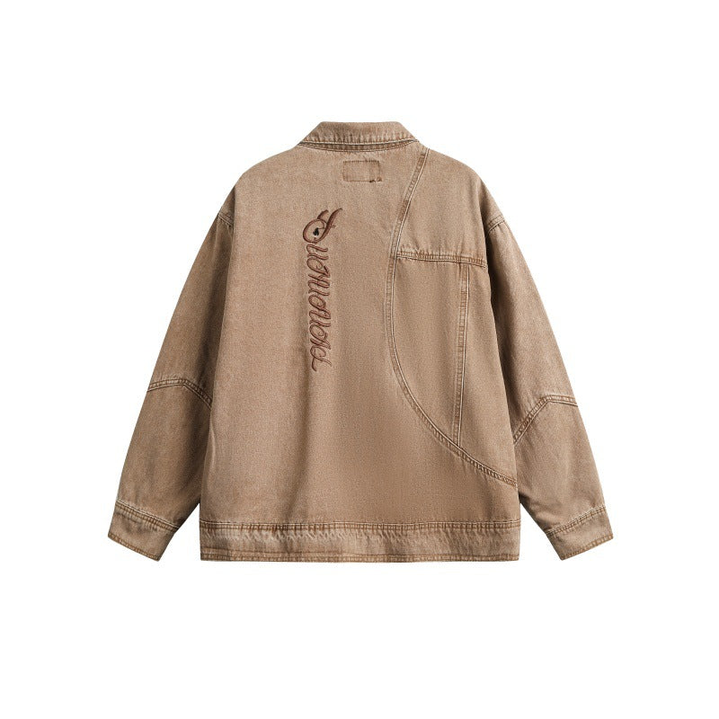 Washed Denim Jacket with Embroidery Turn-Down Collar Casual Streetwear Jacket