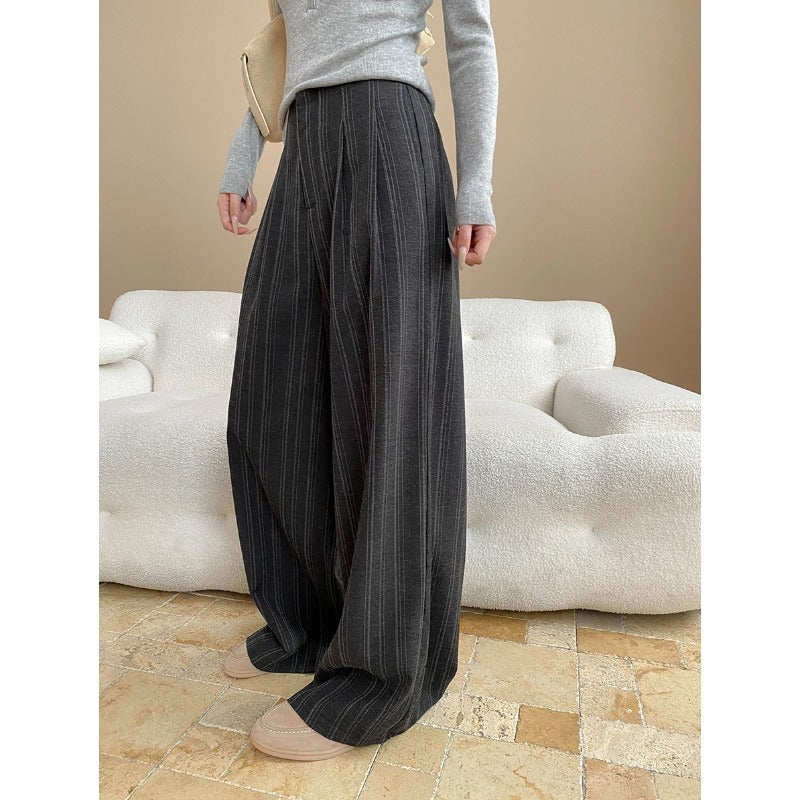Linen Blend Vertical Stripe Wide Leg High Waist Trousers