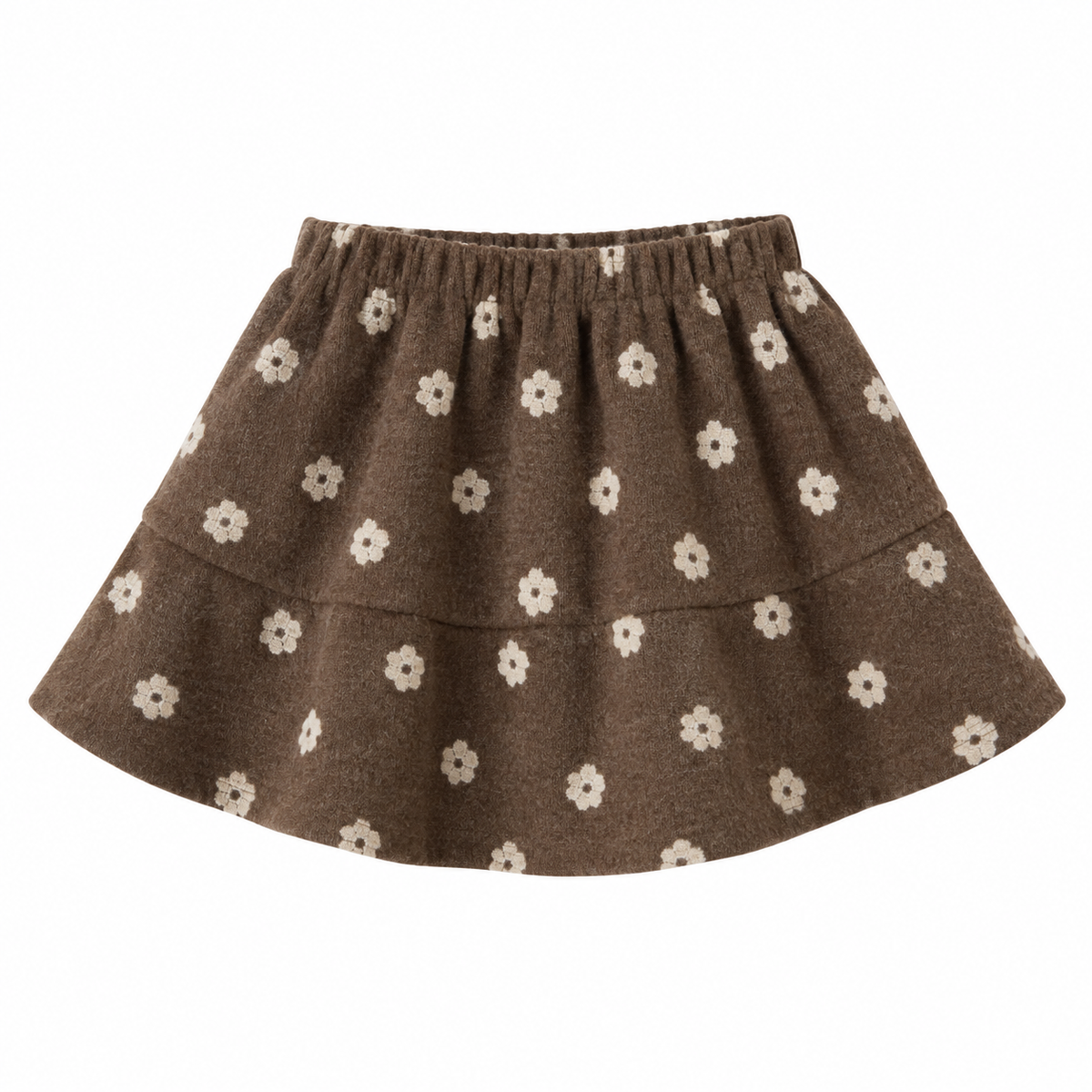 A brown knit tiered skirt with a white daisy pattern, featuring an elastic waistband, shown against a plain white background.